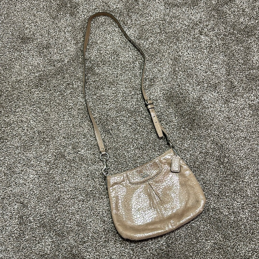Coach shimmer tan gold crossbody purse silver accents neutral